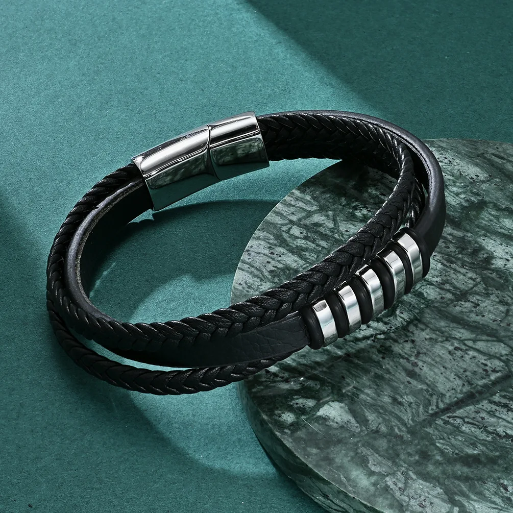 Men Bangle Multi-Layer Woven Leather Bracelets And Charms