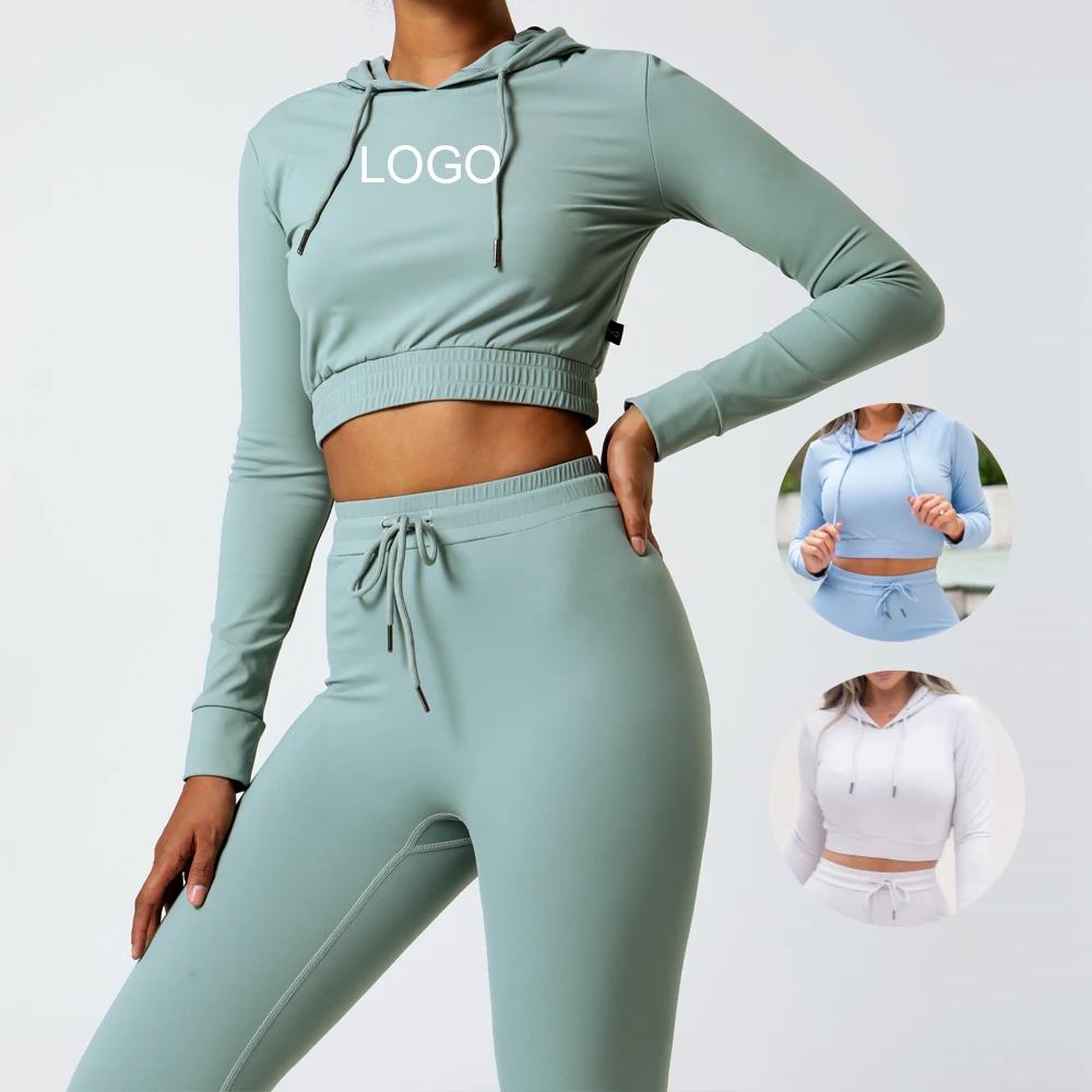 Wholesale Crop Top Drawstring Hoody Fitness Hoodie Set Women Clothes Set Womens Yoga Sets