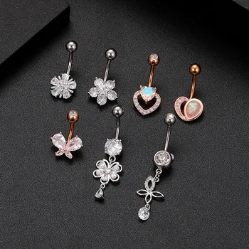Curved Barbell Flower Belly Button Rings Rose Gold Stainless Steel Rhinestone Heart Navel Rings Dangle Belly Ring Jewelry