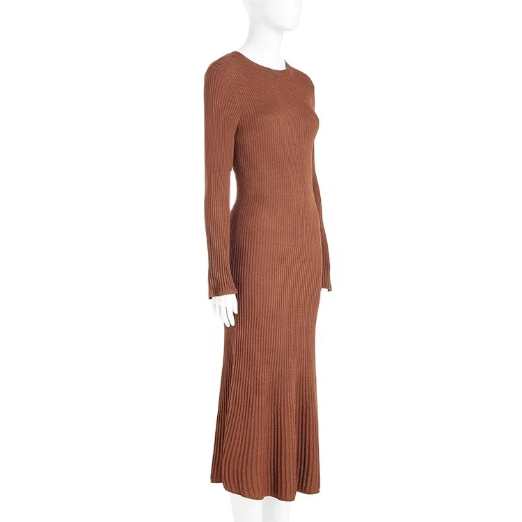 Professional Manufacturer Customized Brown Round Neck Long Sleeve Rib Knit Luxury Women Sweater Cheap Dress