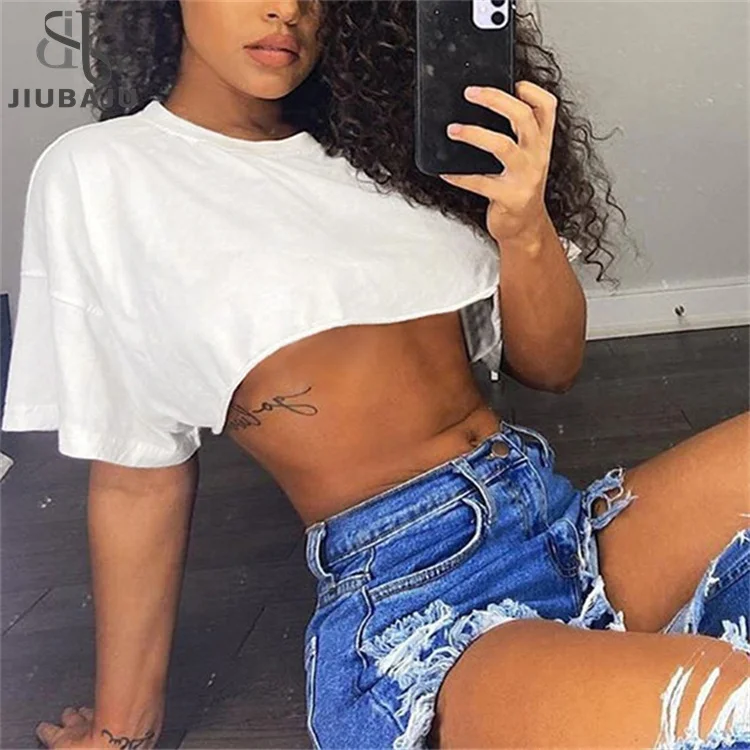 Casual Loose Cotton White Tshirt Women Solid Crop Top Short Sleeve Streetwear Summer T-shirts