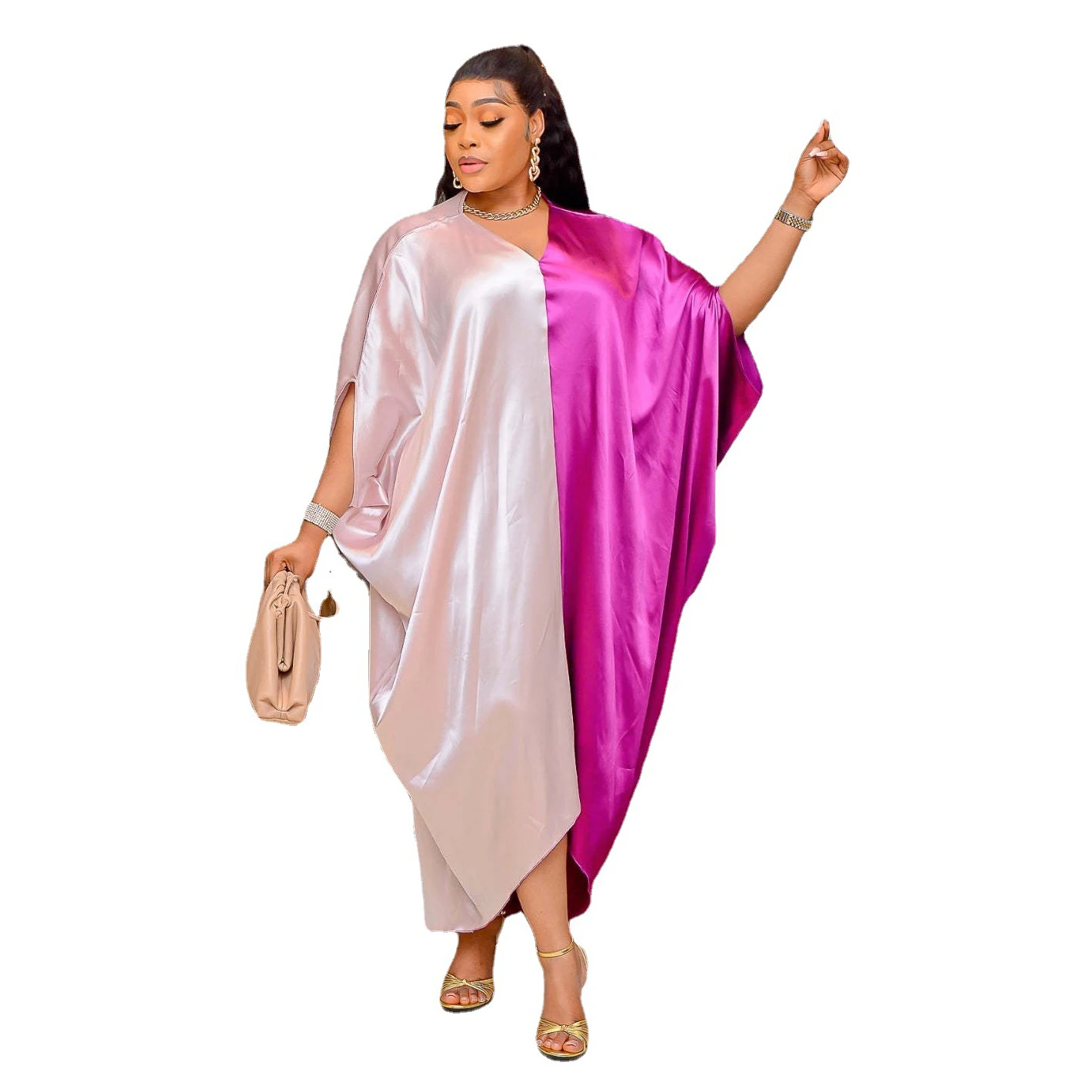 2023 Muslim Dubai Bat Sleeve Plus Size Contrast Color Stitching Kaftan Dress Large Size V-neck Outfits Wedding African Robe
