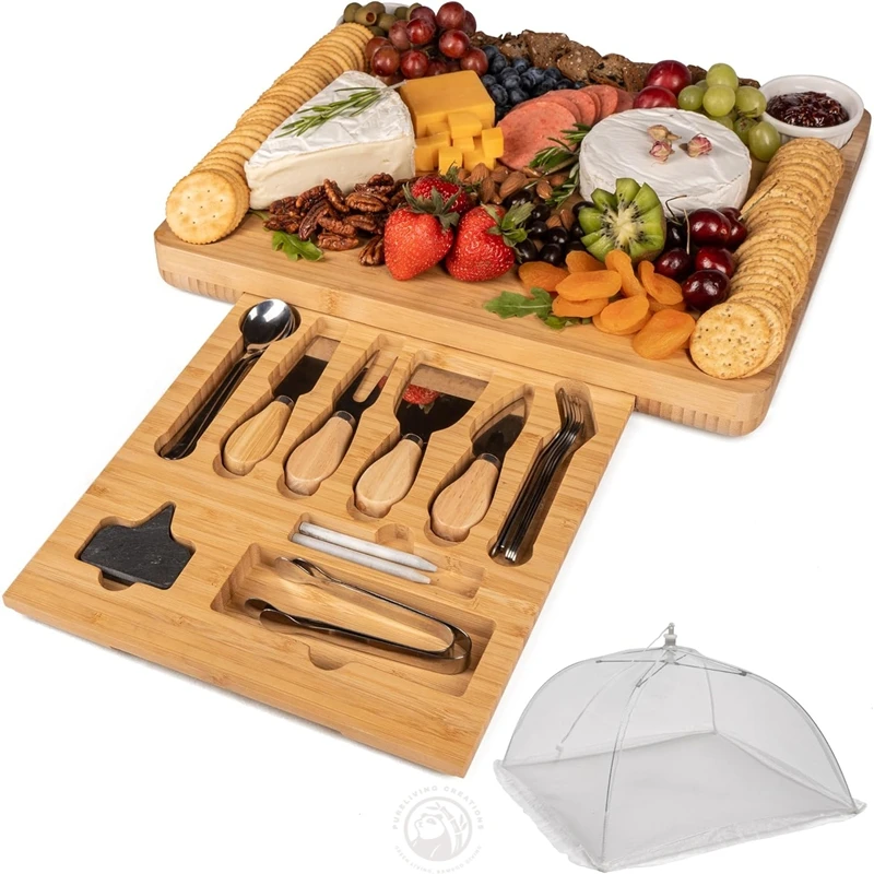 Bamboo Cheese Board Plate with Cheese Tools Charcuterie board set Platters