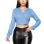 Factory Custom Sexy Solid Colour Ribbed Hooded Zip Up Crop Top Cardigan Sweater Women