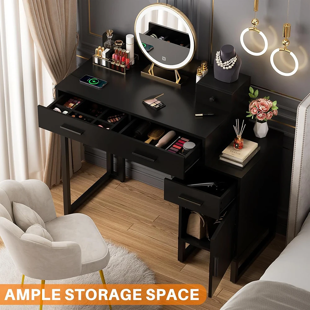 Modern Reversible Black Vanity Desk 4 Storage Drawers Charging Station Divided Organizers for Women Girls Makeup Vanity Table details