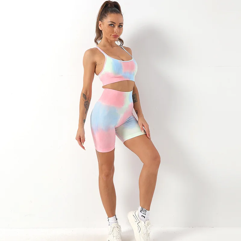 2 Pcs Pant Set Women Clothing Tie Dye Seamless Biker Two Piece Gym Fitness  Yoga  Workout Short Sets