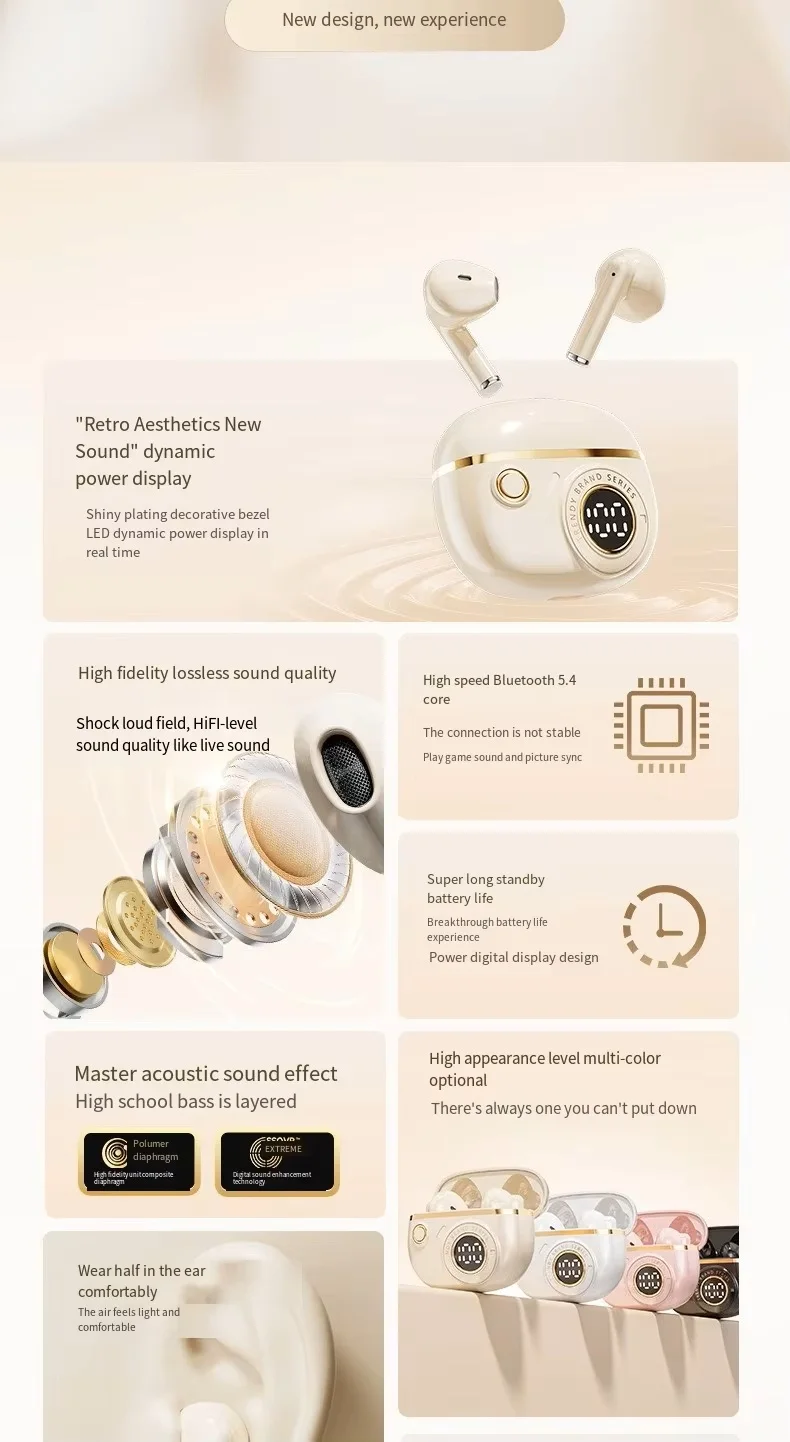 New Retro Digital In-Ear for Wireless Earphones Touch Low Latency AI Noise Reduction Long Non-Noise Cancelling TWS Headphones