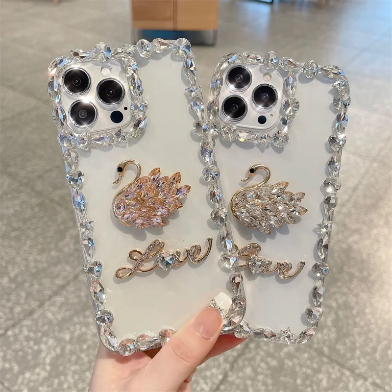Luxury Bling Glitter Diamond Swan Transparent Phone Case For iPhone 15 Pro Max Crystal Rhinestone Cover For Samsung S24 A35 A55