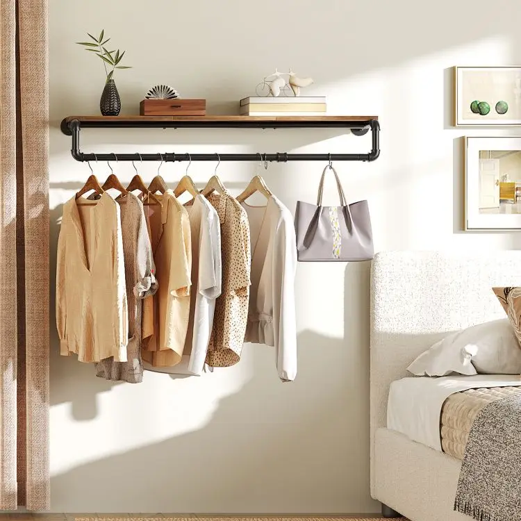 Wholesale Wooden Wall Mounted Coat Racks with Hooks and Storage Shelf Industrial Style Clothes Holder Rods for Entryway