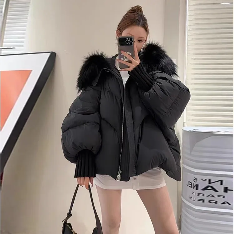 European Style Winter New White Duck Filled Large Fur Trim Hooded Jacket Women's Mid-length Thickened Warm Knitted Coat factory