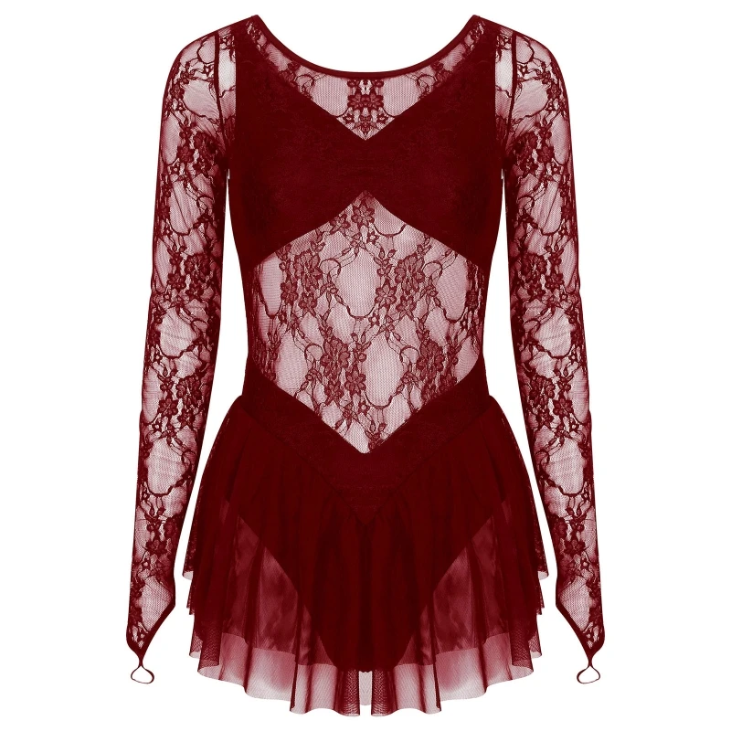 Luxury Womens Seethrough Floral Lace Figure Skating Dress Dancewear