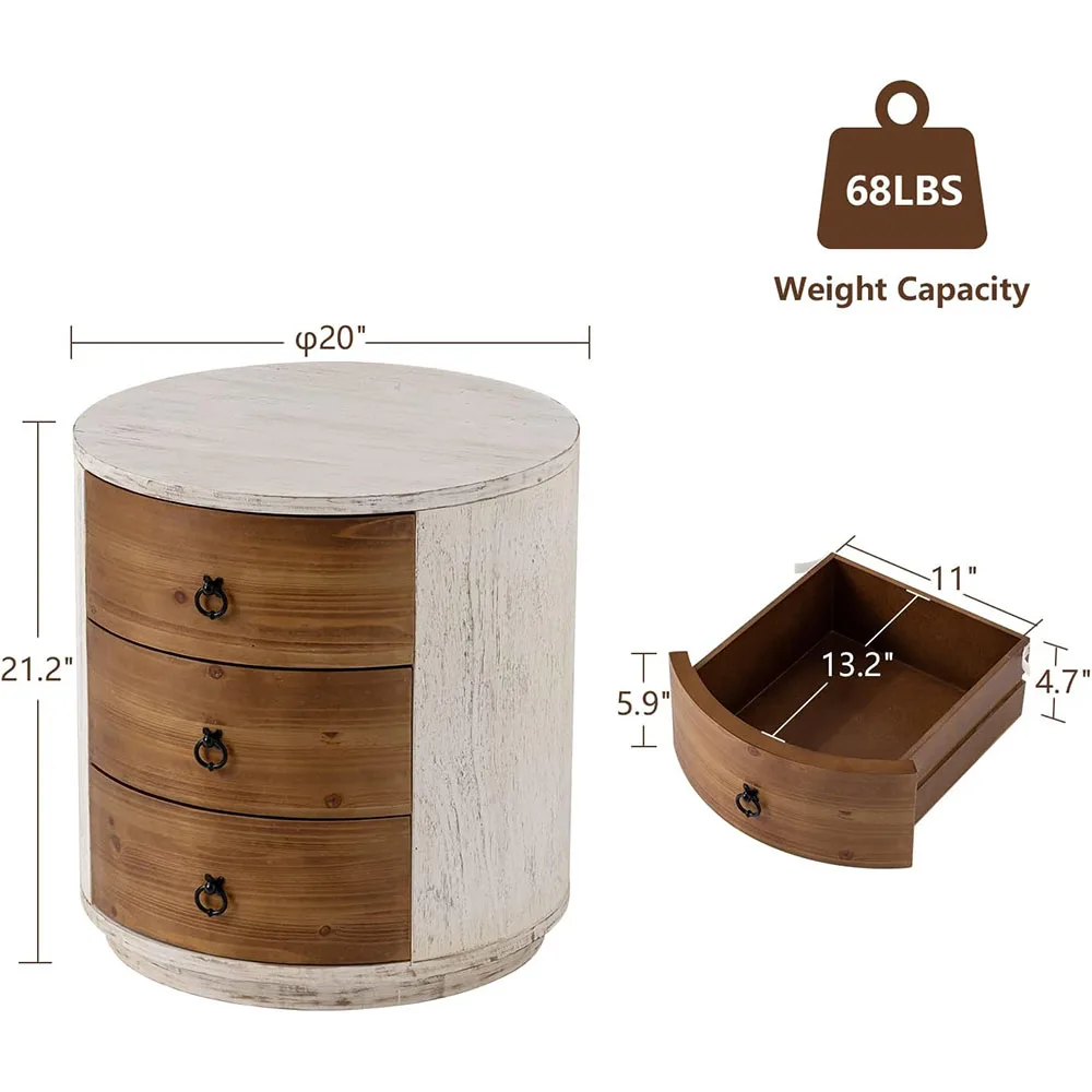 20-Inch MDF Round Storage Cabinet Modern Nightstand Wood Bedside Table Drawers for Bedroom & Living Room factory