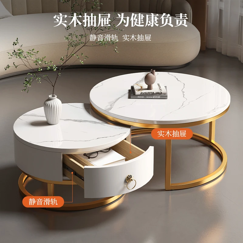 Modern Luxury Round Wooden Rock Glass White Black Gray Golden Living Room Combination Coffee Table with Metal Legs