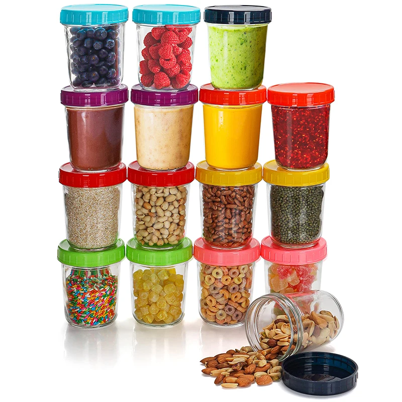16 Pack Glass Baby Food Storage Jars With Plastic Lids Kitchen Clear Round Airtight Reusable