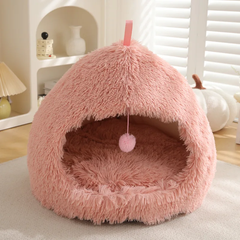 product fluffy dog cat cave bed with ball toys multi colors doggy cat sleeping bed indoor cat house-58