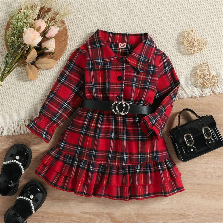 2022 New baby girls autumn winter Christmas dress one pieces long sleeve little kids girls plaid christmas dresses with belts