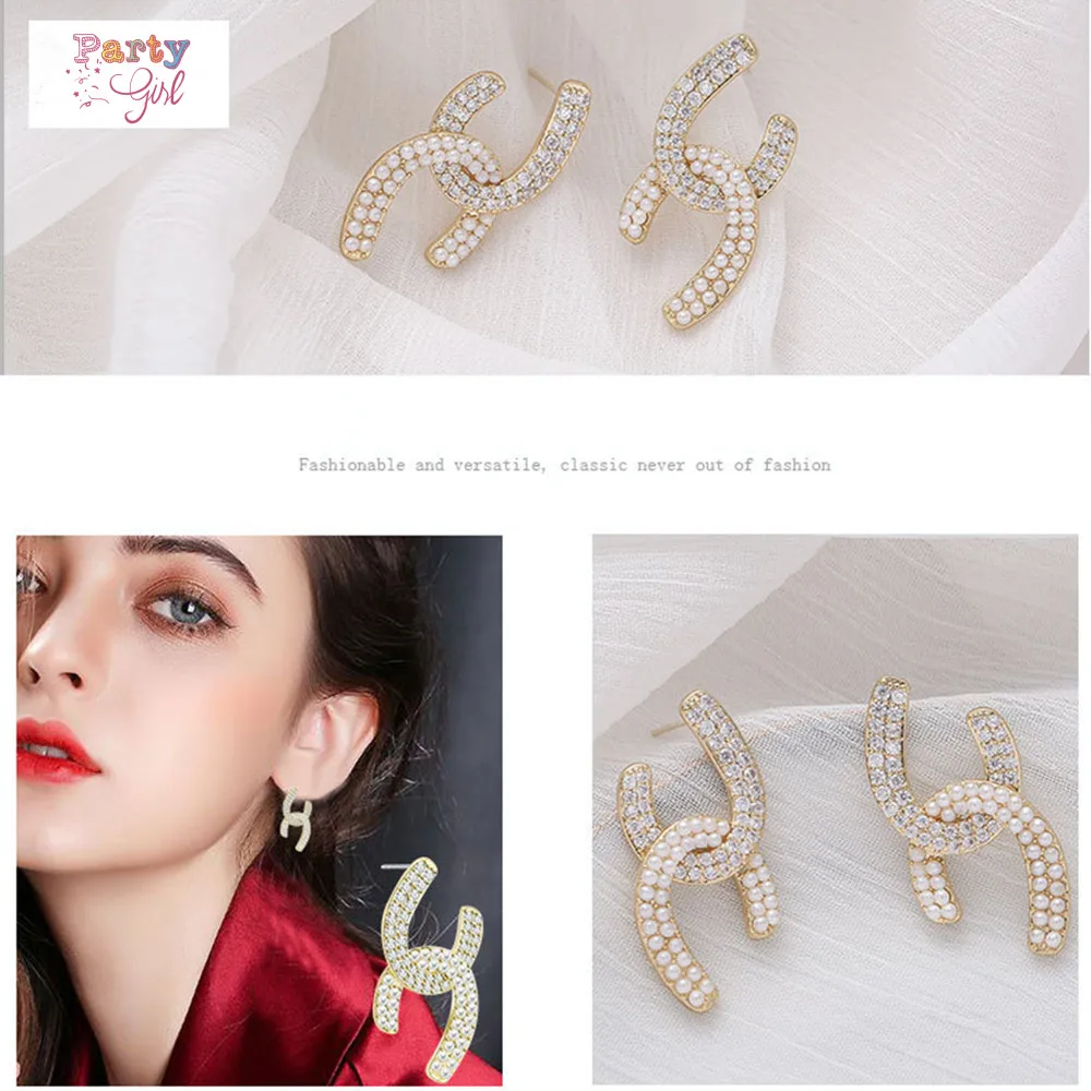 hot sale copper with zircon diamond pearl lady earrings ,14K gold plated brass drop earring