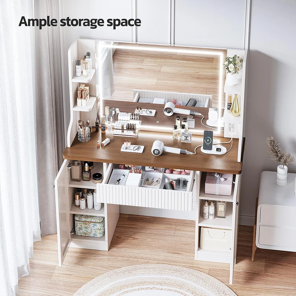 Elegant Retro White Vanity Desk Adjustable Shelves Touch Control Mirror Lights Power Outlet Elegant Retro Makeup Vanity Table manufacture