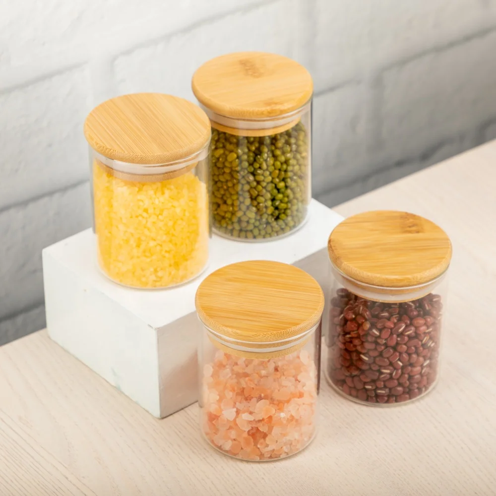 Diameter 6.5cm 12pcs Set 200ml Round Food Storage Container Borosilicate Glass Spice Jar with Bamboo Lids