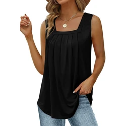 2023  hot selling pleated square neck sleeveless dovetail vest T-shirt for women