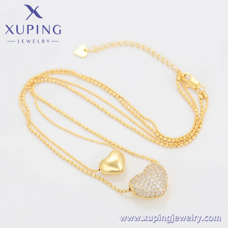 YMearring-01688 xuping jewelry fashion simple necklace 14K gold  color  elegant heart shape cute  elegant  double chain necklace