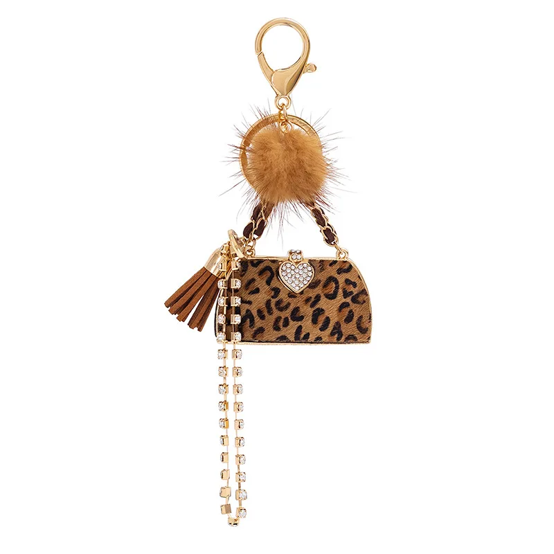 Novel Leopard Crystal Handbag Hairball Tassel Keychain Car Key Chain Holder Bag Charm Pendant Accessories Keyfob Keyring Gift