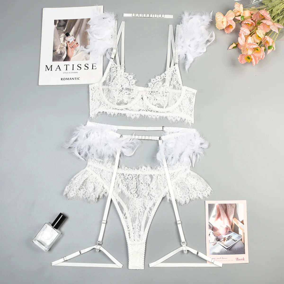 High Quality Women Sexy Feather Eyelash Lace Lingerie Set Transparent