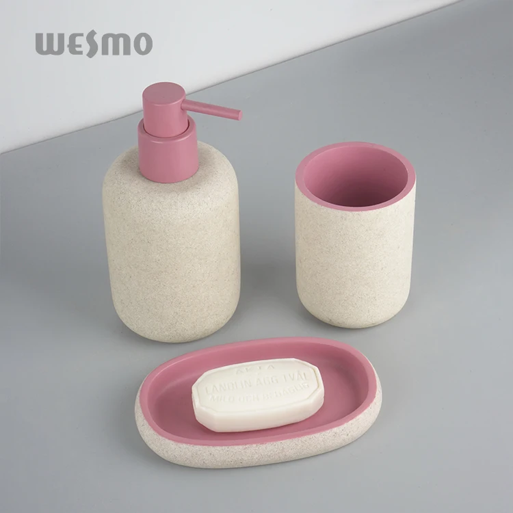 European Style 4pcs contrast color  Bathroom Cup Lovers Set With Tray Modern Luxury Bathroom Accessory sandstone resin Set