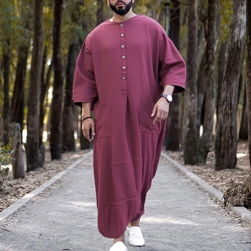 Custom Men's Long Sleeve Arabic Thobe Designed Casual Muslim Kaftan with Pockets for Middle East manufacture