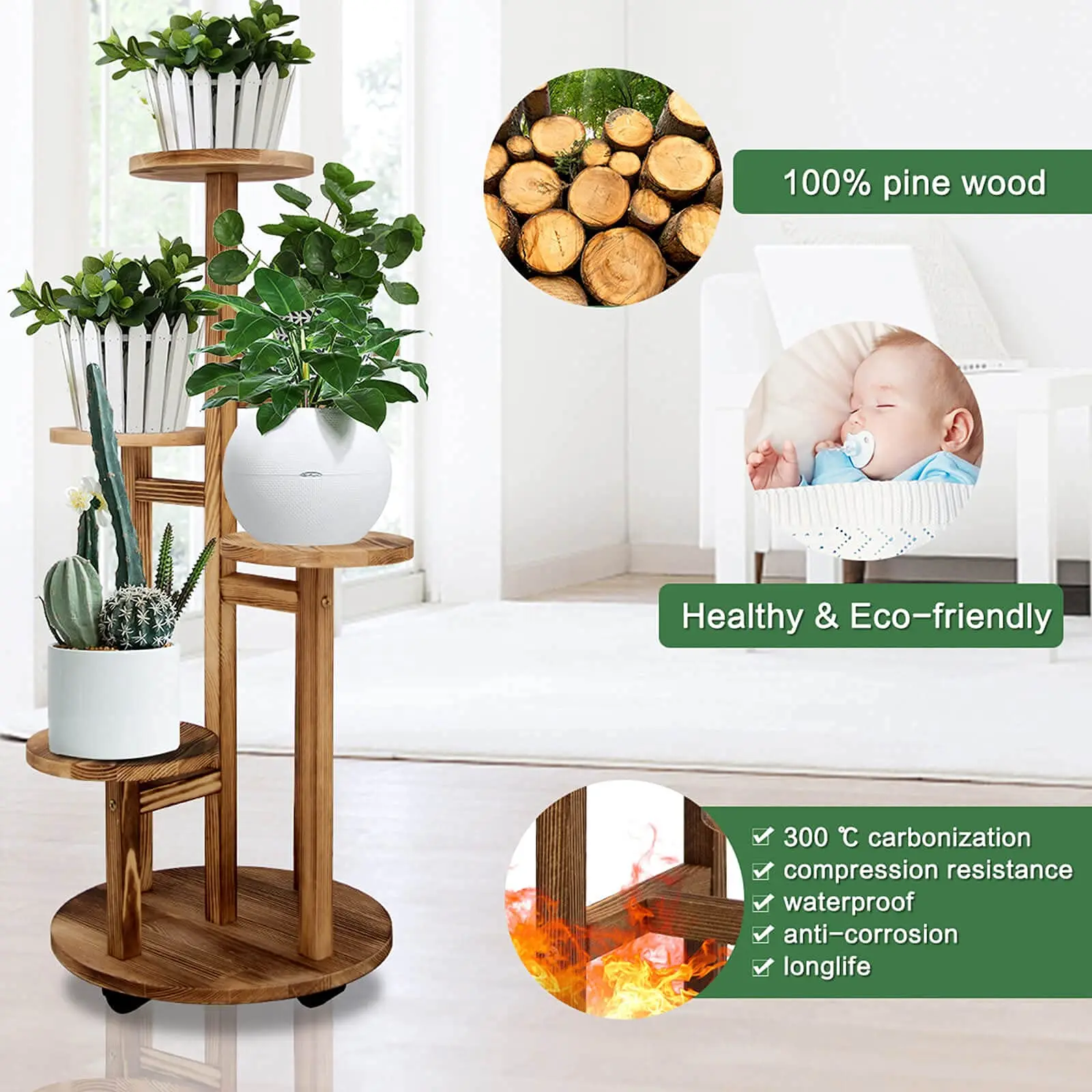 product wooden plant pot bottom with wheels decorative flowers stand wreaths and plants flower rack for home garden indoor outdoor-8