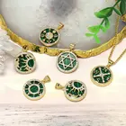 Wholesale Synthetic Malachite Gold Plated Brass Compass Zircon Round Initials Pendant Necklace