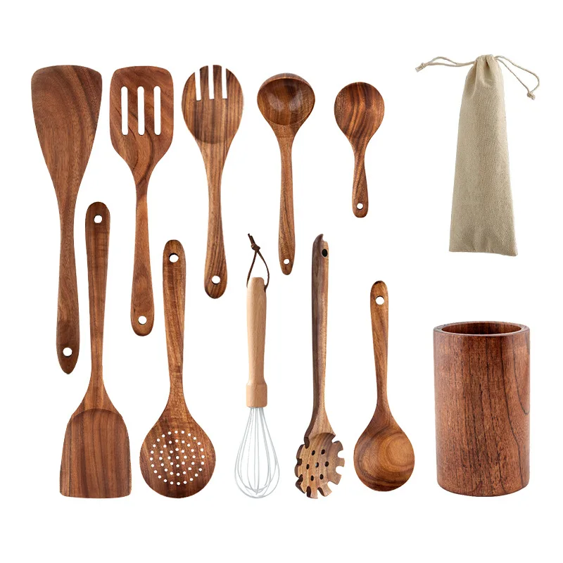 Acacia teak wood spatula 12pcs utensil set with holder cooking non-stick wooden spoon  household kitchen supplies