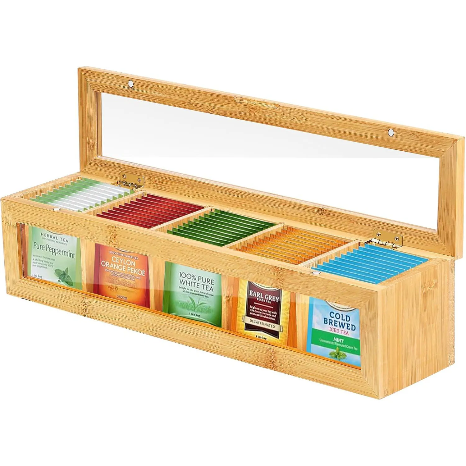 Adjustable Tea Bag Holder, Bamboo Tea Organize r5 Compartments , Portable Tea Bag Organizer for Home Kitchen Counter or Office