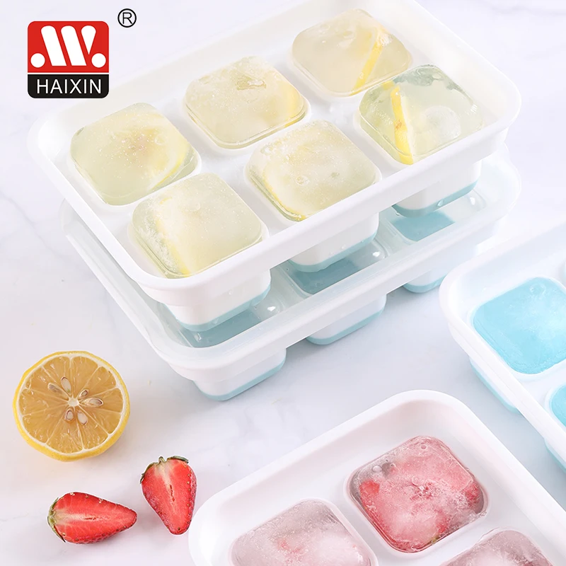 BPA Free Square Cavity Eco-Friendly Ice Cube Mold Freezer Custom Easy-Release 6 Holes Silicone Ice Cube Tray With Lid