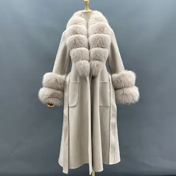 hot selling autumn turn down collar wool jacket ladies design big fox fur collar long women cashmere coats