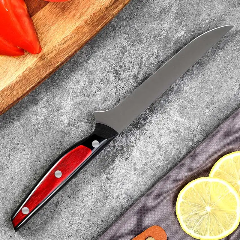 Professional Quality Kitchen Knife Red Pakkawood Handle 6.5 Inch Flexible Boning Knife