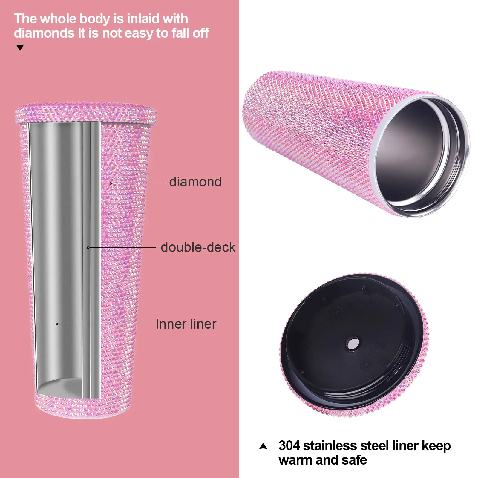 2023 fashion rhinestone shiny double wall stainless steel vacuum insulated tumbler sippy straw cup travel coffee mug