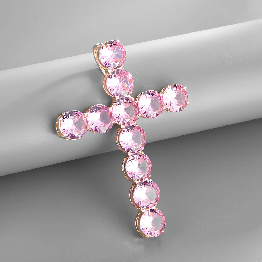 Top Icy High Quality Pendant Jewelry Hip Hop Super Large Pink Black Zircon Cross Pendant Necklace Women