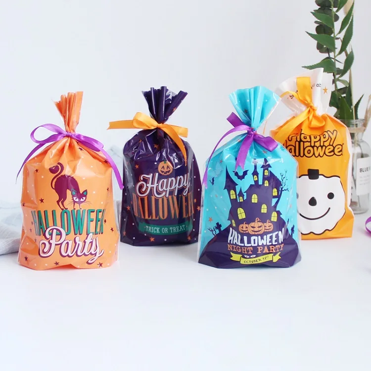 printed plastic halloween cookie candy gift bag with ribbon
