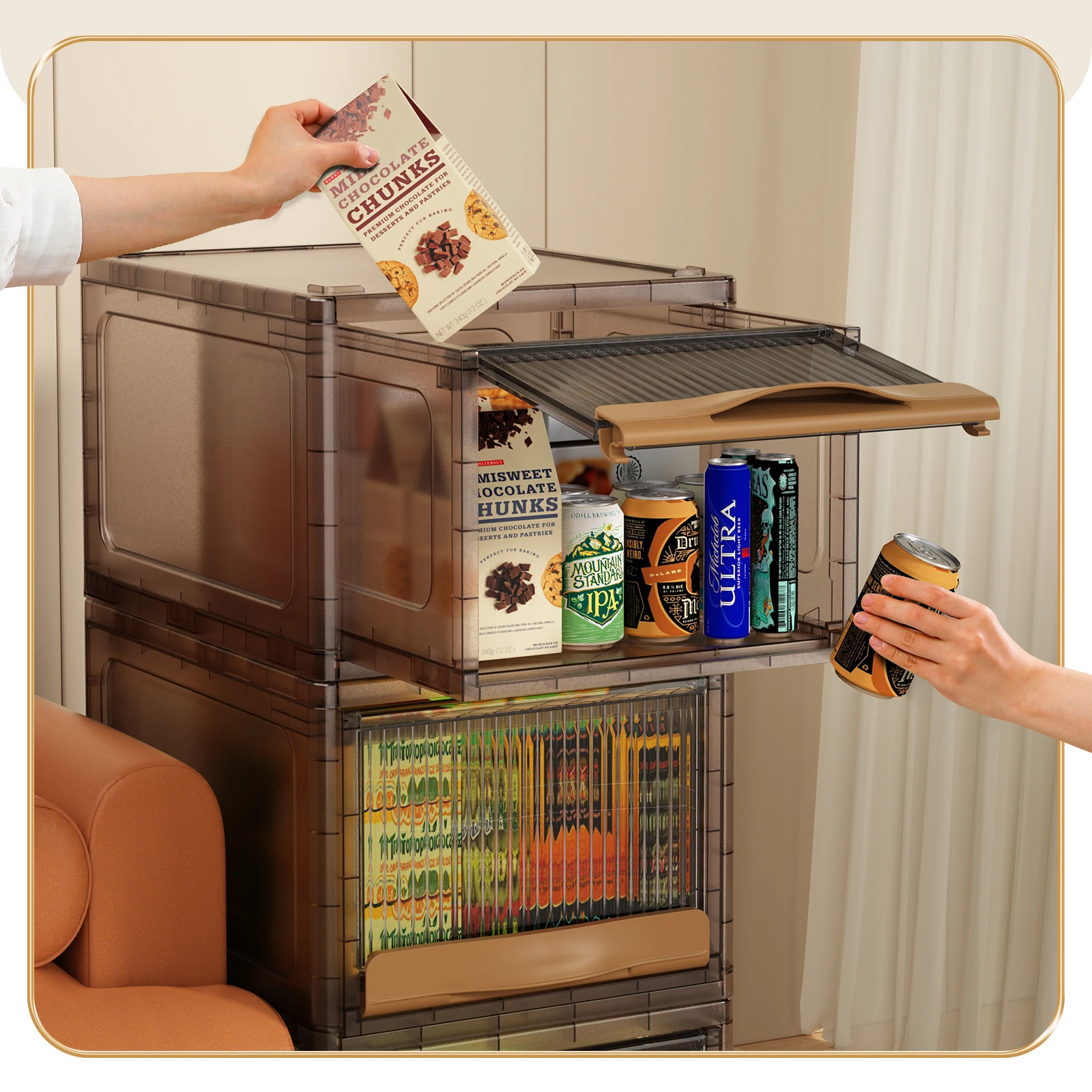 Haixin Transparent Brown Plastic 3pc Combination Storage Box Multi-functional Storage Collapsible Storage Box