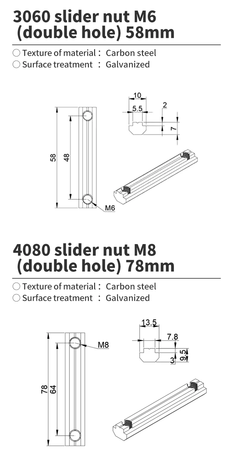 Aluminum Fastening Accessories 30/40 Double Hole 3060/4080 Slider Nut, Rectangular Boat Shaped M6/M8 Carbon Steel Material Nut factory