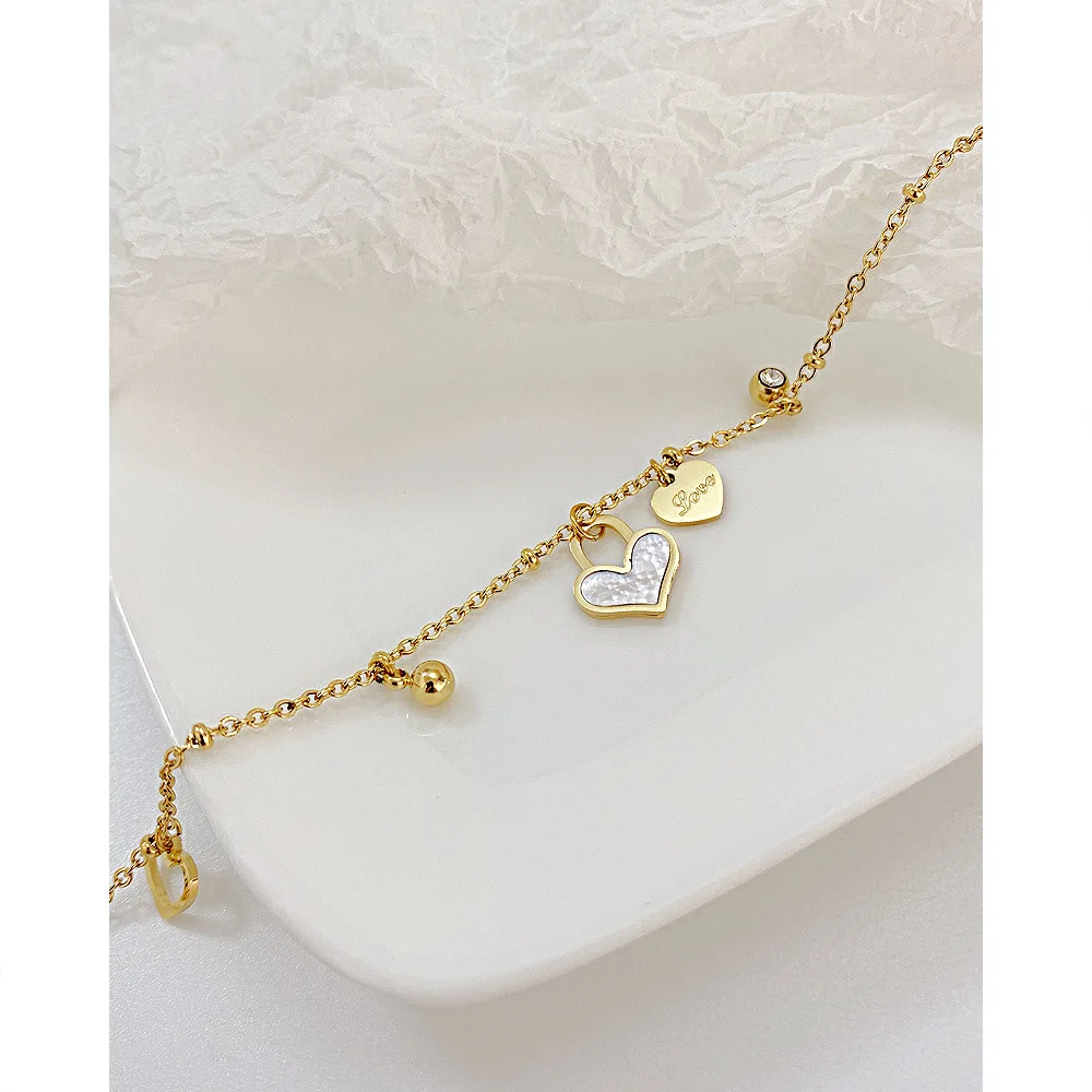 Minimalist Design 18k Gold Plated Sweet Style Love Charm Bracelet Stainless Steel Cubic Zirconia Heart Shell Hollow Out Bracelet