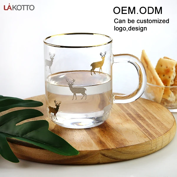 Clear Drinking Glass Tea Juice Water Coffee Mug Cup With Lid Handle And Spoon Custom Logo Eco-friendly Gold Rimmed Glass Mug