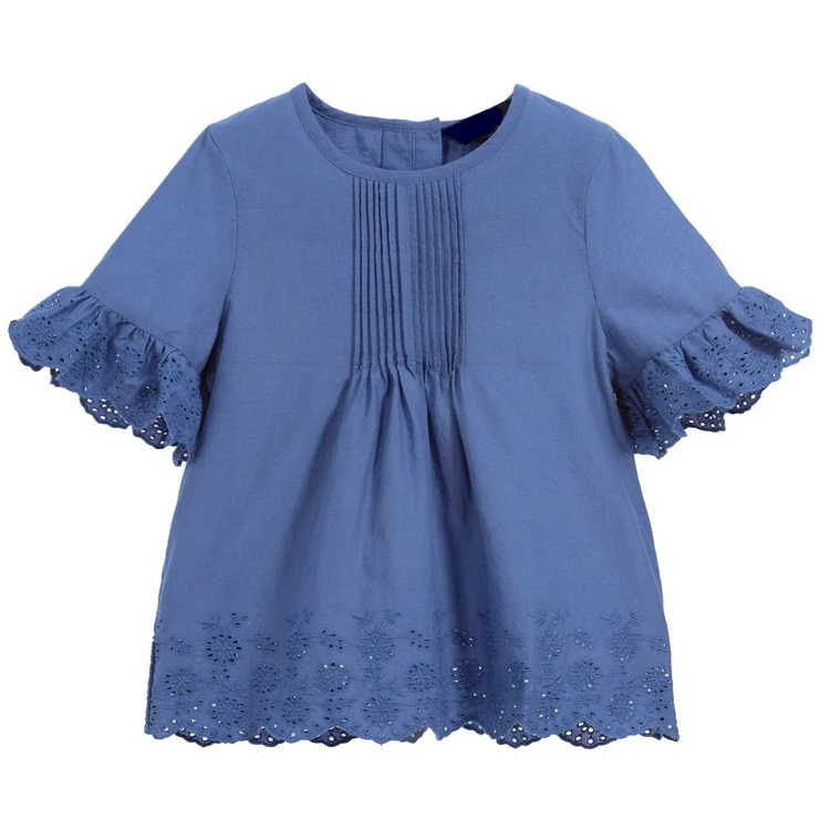 Blue color blank t-shirt flounce lace short sleeve girl's t-shirts custom