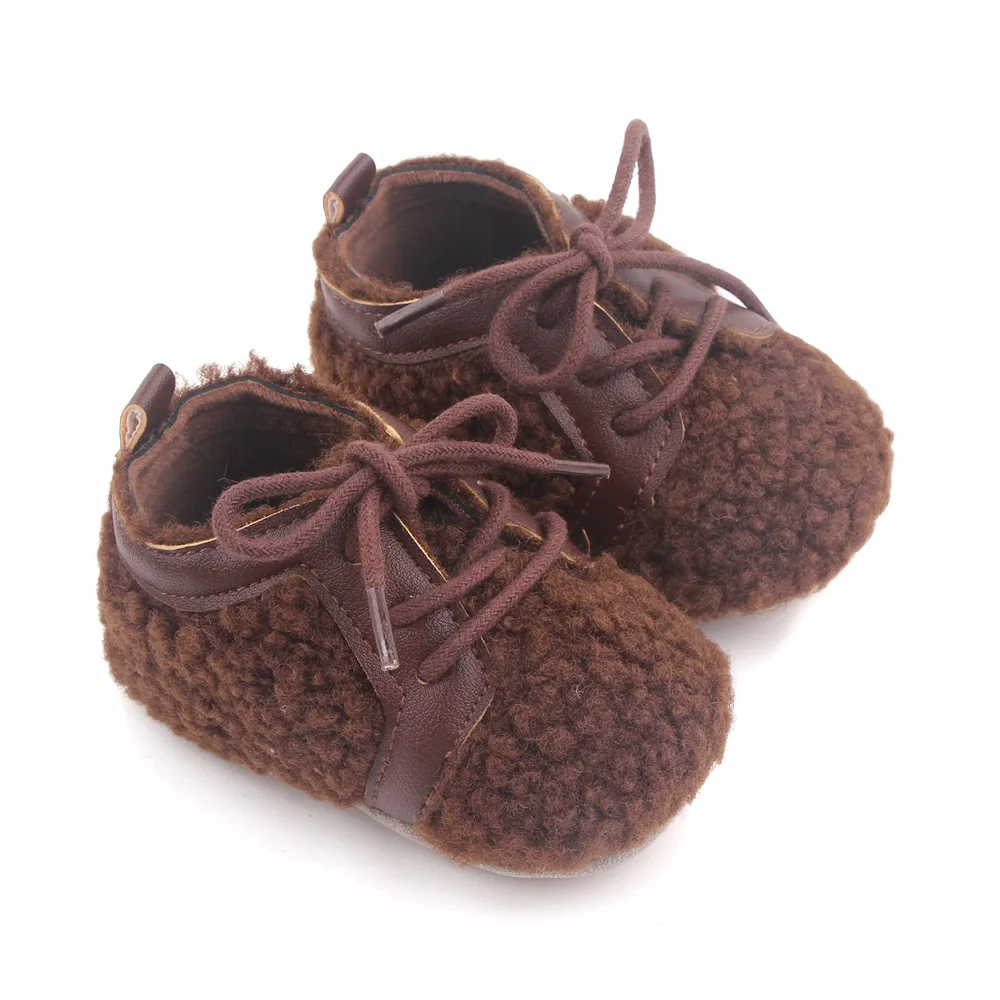 PU Leather Solid Color Plush Front Lacing Cute Warm Baby Soft Soled Toddler Cotton Shoes factory