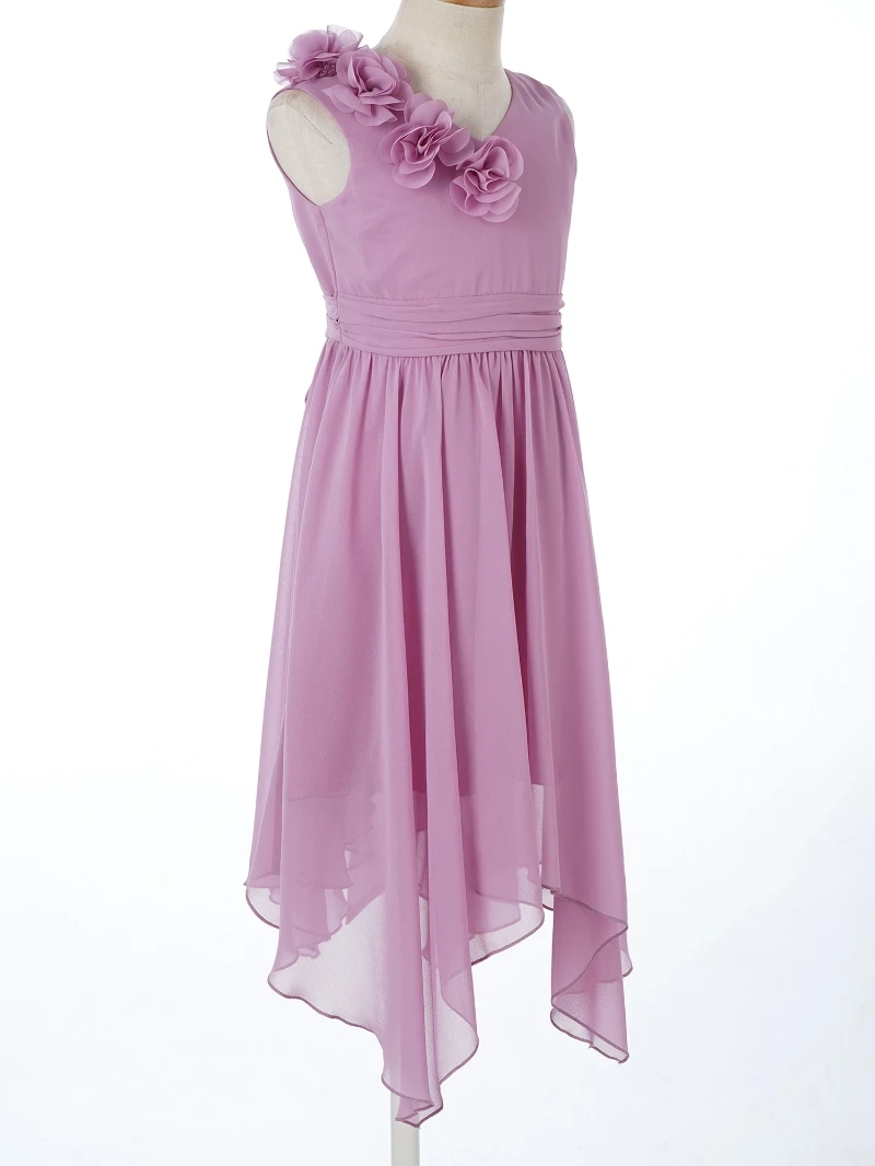 Kids Girls 3d Applique Party Dress V Neck Sleeveless Asymmetrical Hem