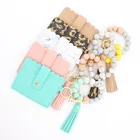 Leather Beads Bag PU Leather Keychain Tassel Silicone Beads Card Bag Wallet Women Bracelet Keyrings Jewelry