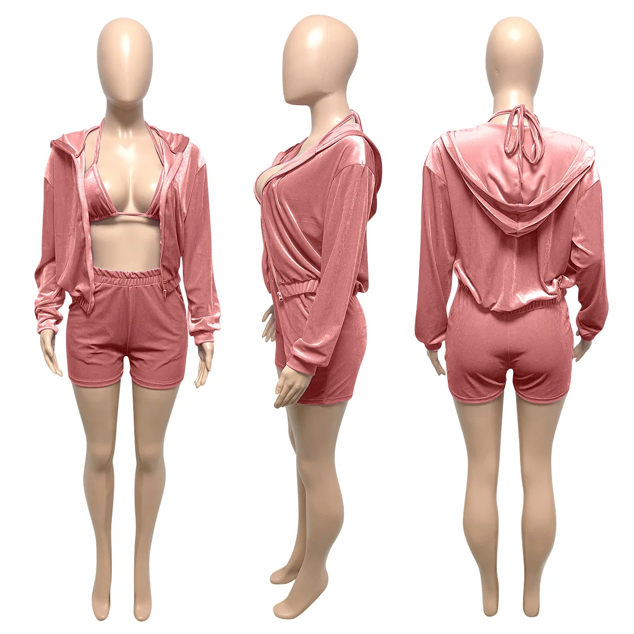 L359 Fall Women Autumn Clothing Sets Long Sleeve Zipper Three Piece Short Set Solid Ladies Cardigan Casual Women Hooded Set
