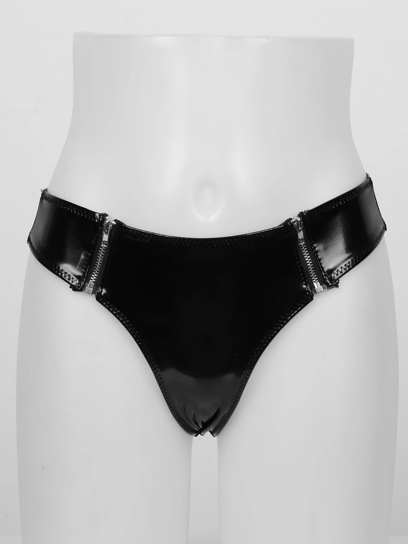 Women Shiny Patent Leather Bikini Briefs Lowwaisted Front Zipper Thong