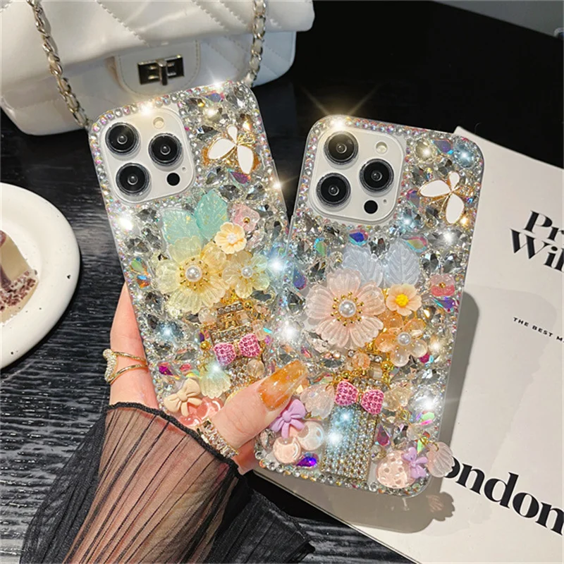 Beautiful Bow Perfume Bottle Flower Diamond Phone Case For iPhone 15 Pro Max 14 13 12 11 Xs Xs Max 7 8 Plus Crystal Back Cover